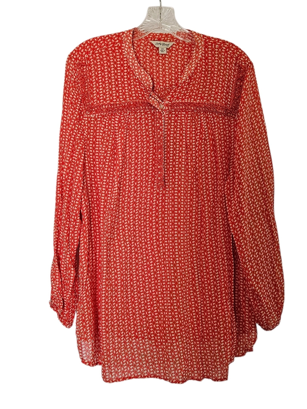 Lucky Brand Boho Peasant Blouse Plus Womens 2X Beaded Semi Sheer Redish Orange